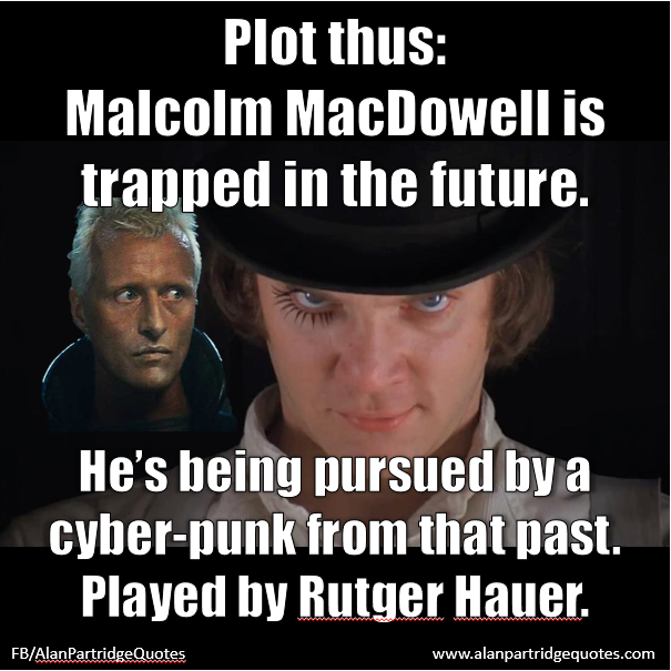 Plot thus: Malcolm MacDowell is trapped in the future. He’s being pursued by a cyber-punk from that past.